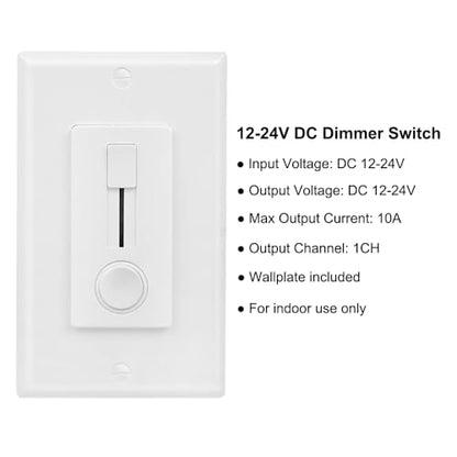 12-24V DC Dimmer Switch for LED Strip Lights - Vertical Slider Wall Mount Control, Single Color, Can NOT Be Used with 120V, Wall Plate Included (1 Pack, White)