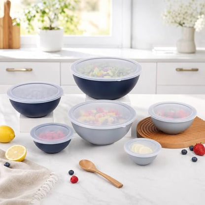 BoxedHome BPA Free Plastic Round Mixing Bowl with Lids, 12 Pack Nesting Bowls with Lids Set, Microwave and Dishwasher Safe Prep & Serving Bowls Great for Mixing, Baking, Serving (Haze Blue, 12pcs) - color: Haze Blue