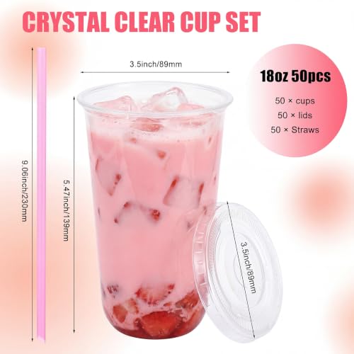 Ziliny 50 Pack 18 oz Plastic Cups with Lids Straws Iced Coffee, Pink - color: Pink, size: 18 oz