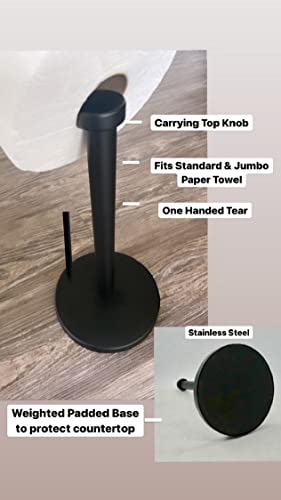 Black Paper Towel Holder Countertop - Weighted Stainless Steel Paper Towel Stand with Non-Slip Base & One-Hand Tear Design for Kitchen, Fits Standard & Jumbo Rolls