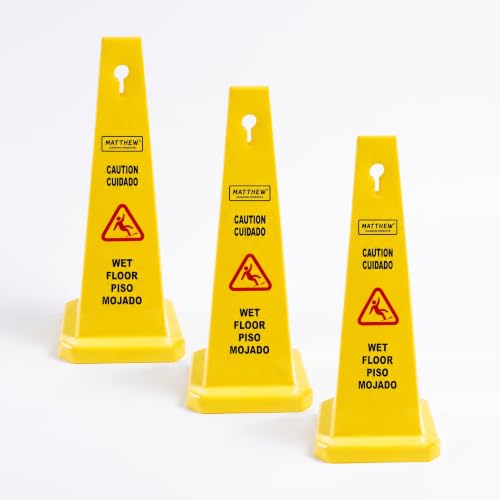 MATTHEW CLEANING 3 Packs 26” Caution Wet Floor Safety Cones for Indoors and Outdoors,Bright Yellow Caution Wet Floor Sign,4-Sided Bilingual Signs,Avoid Fall & Slip Accident - color: Bright Yellow, size: 26''x11'' 3Pack