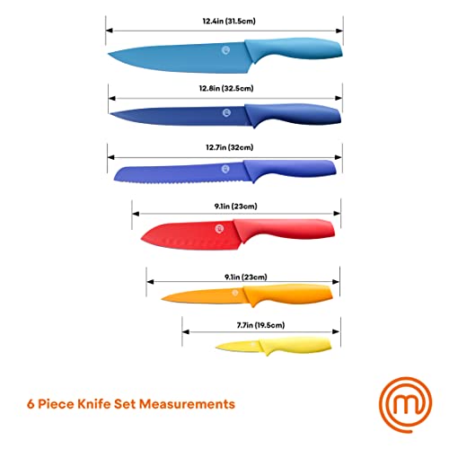 MasterChef Kitchen Knives Set with Covers incl. Paring, Boning, Carving, Bread, Santoku & Chef Knife, Sharp Cutting Stainless Steel Blades with Sheaths, 12 Piece (6 Colored Knives & 6 Covers) - color: Vivid (with Captions), style: Knives with Covers