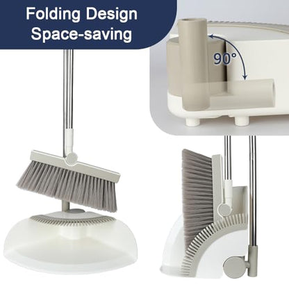 Triangular Indoor Broom and Dustpan Comb Set, 180° Rotating, Soft Bristle Long Handle Upright Sweeping Angled Broom with Self-Cleaning Teeth for Home, Kitchen, Office, Wood Floor (White Gray) - color: White Gray