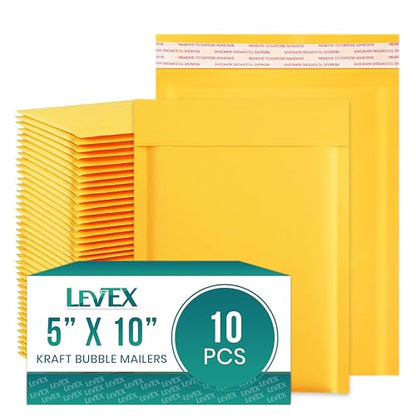 Levex - #00 5" x 10" [10 Pack) Kraft Bubble Mailers, Padded Envelope Mailers, Packing Envelope & Mailing Bags for Shipping - size: #00 (5" x 10")