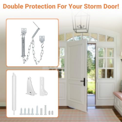 Storm Door Closer, White Heavy Duty Screen Door Closers with Protector Chains Spring, Compatible with Andersen/Emco/Larson/40201 (Closer and Chain, 1 Pack(White)) - size: 1 Pack(White)