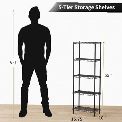 Golpart 5Tier Adjustable Storage Shelves Metal Wire Shelving Standing Shelf - color: Black, size: 5-tier-10"Dx16"Wx55"H