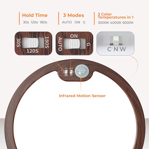 BLNAN Motion Sensor Ceiling Light Wired, 8.7 Inch 3000K 4000K 5000K Selectable LED Flush Mount Light Fixture, Motion Activated Light with Timer for Hallway Stair Walk-in Closet, Non-Dimmable - Walnut - size: 8.7inch-1pack Walnut