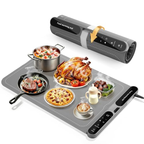 Warming Mat for Food 23.6"x15", Silicone Electric Food Warming Tray with Full Surface Heating, 7 Temperature Settings, 8H Timer, Child Lock & Roll-Up Design for Family Dining, Parties - color: Gray, size: 23.6"x15"