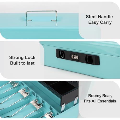 Cash Box with Snap Latch Combination Lock and Sliding Coin Lid, Secure Cash Box with Money Tray and Lock, Durable Safe Money Box for Home and Office,Teal,11.8"L x 9.5"W x 3.5"H - color: Robin's Egg