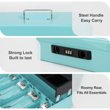 Cash Box with Snap Latch Combination Lock and Sliding Coin Lid, Secure Cash Box with Money Tray and Lock, Durable Safe Money Box for Home and Office,Teal,11.8"L x 9.5"W x 3.5"H - color: Robin's Egg