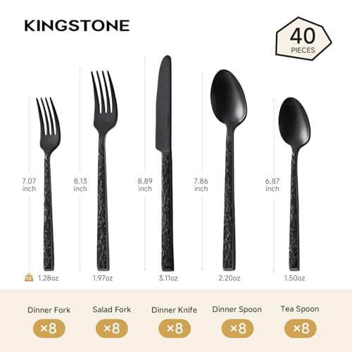 40 Pcs Black Hammered Silverware Set for 8, 18/10 Stainless Steel Flatware - color: Black, size: 40-Piece