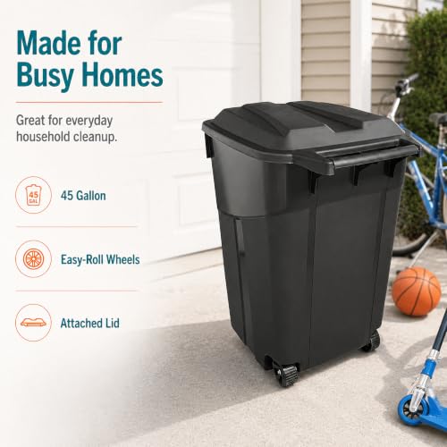 45-Gallon Outdoor Wheeled Trash Can with Attached Lid, Black - size: 45