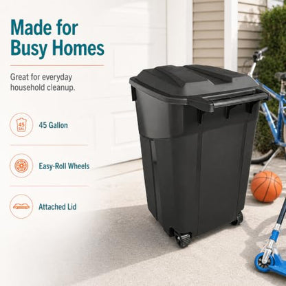 45-Gallon Outdoor Wheeled Trash Can with Attached Lid, Black - size: 45