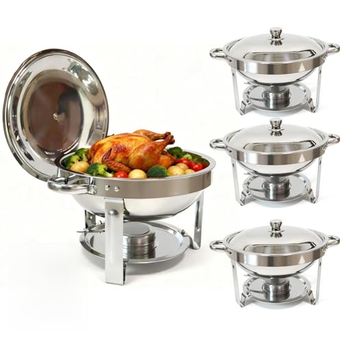 4-Pack Chafing Dishes for Buffet，6QT 304 Stainless Steel Round Chafing Dish Buffet Set - Complete Food Warmers with Lids, Water Pans, Fuel Can Holders for Catering & Wedding Receptions，Silver - color: Full Silver