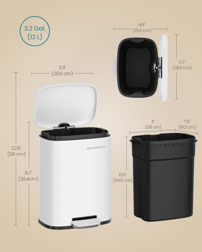 SONGMICS 3.2 Gallon (12 L) Trash Can, Stainless Steel, Step-On Pedal - color: White, size: 3.2 Gal.