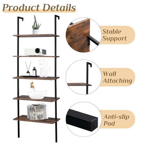 Karl home Rustic Brown 5 Tier Wall Mount Ladder Shelf, Metal Frame Bookcase - color: Rustic Brown