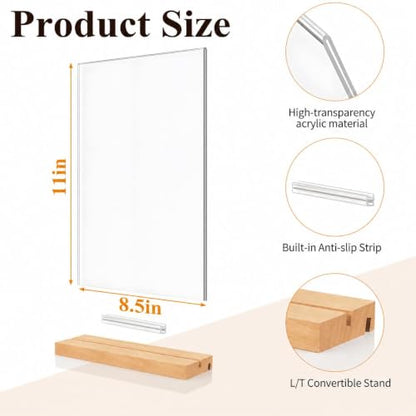 8.5x11 Acrylic Sign Holder with Wooden Base 4 Pack Adjustable Vertical/Tilt - color: Natural, size: 8.5"x11"