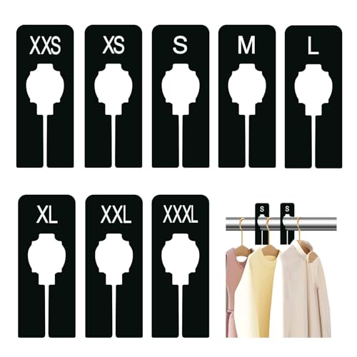 8Pcs Clothing Rack Dividers Black Plastic Closet Size Divider Hanger Labels for Clothes Tags for Hanging Rod Organizer Preprinted Garment Size Markers from XXS to XXXL