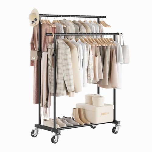 Calmootey Rolling Garment Rack, Sturdy Clothes Organizer for Bedroom - color: Black, style: Double Rods
