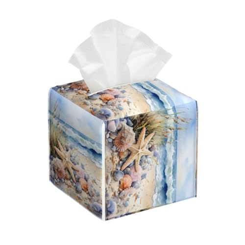 Tissue Box Cover Watercolor Beach Starfish Seashell Square PU Leather Tissue Box Holder for Car Bathroom Bedroom Desk Tabletop Decor - color: Watercolor Beach Starfish Seashell
