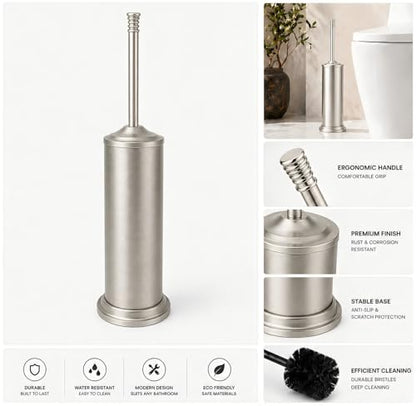 Nickel Toilet Brush and Holder Set，Extra Long Handled Toilet Bowl Brush and Holder，Stainless Steel Heavy Duty Toilet Brush for Bathroom,Deep Cleaning Modern Toilet Cleaner Slip Base - color: Nickel