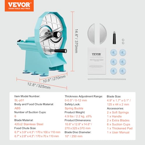 VEVOR Manual Vegetable Fruit Slicer, 0-0.5"/0-12mm Thickness Adjustable Commercial Slicer Machine, Double Feed Ports, Stainless Steel Blade Food Cutter Slicing Machine for Cucumber, Lemon, Tomato - size: Manual-Vegetable-Plastic