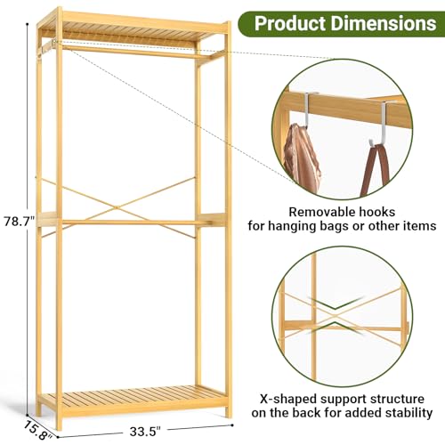 Homykic Bamboo Clothing Rack with Shelves, 33.5” Wide Clothes Rack, 78.8” H - color: Natural, size: Standard