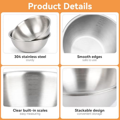 3 Pcs Stainless Steel Mixing Bowls (7.1") with Silicone Spatula, Metal Bowl Set with Measurement Marks, Reusable & Stackable Baking Food Storage Containers for Kitchen Salad Making, Meal Prep