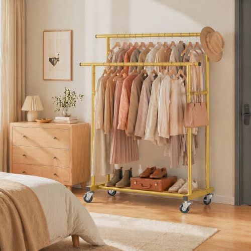 Calmootey Rolling Garment Rack, Sturdy Clothes Organizer for Bedroom - color: Gold, style: Double Rods