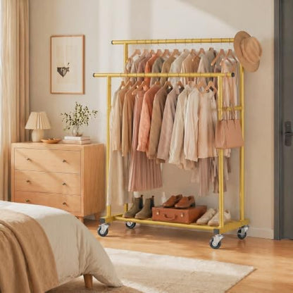 Calmootey Rolling Garment Rack, Sturdy Clothes Organizer for Bedroom - color: Gold, style: Double Rods