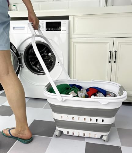 SAMMART 35L (9.24 Gallons) Collapsible Plastic Laundry Basket with Handle and Wheels - Foldable Pop Up Storage Container/Organizer with handle and wheels - Space Saving (1, White/Grey)