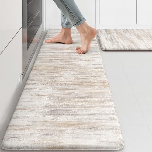 KIMODE Anti Fatigue Kitchen Mats for Floor 2 Piece, Abstract Kitchen Rugs - color: Light Brown/Multi, size: 17.3" x 47"+17.3" x 29"--0.47 inches