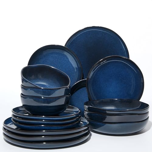 Pokini Stoneware Dinnerware Sets for 4, 16Pcs Ceramic Plates and Bowls Sets - color: Starry Blue, size: Set (16pcs)