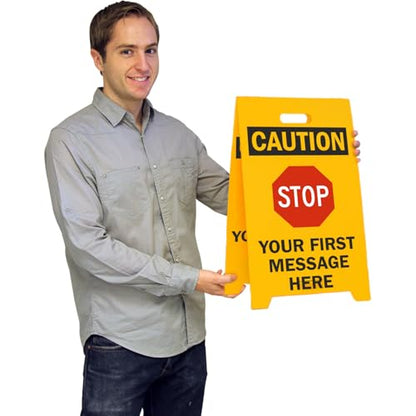 SmartSign Custom 'STOP' Reversible Folding Floor Sign, 2-Sided Corrugated Plastic, A-Frame Standing Floor Sign, 20" x 11", Made in USA