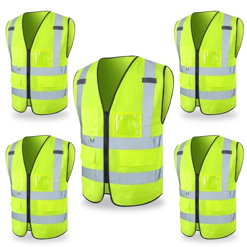 FATONE Hi Vis Safety Vest for Men with Reflective Strips, Class 2 High Visibility Vest with Pockets for Construction, Traffic, Warehouse, Security, Volunteer, 5 Pack Yellow, L - color: Yellow, size: Large