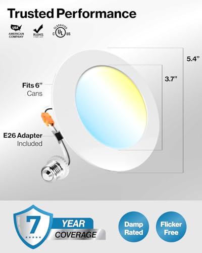 Sunco 6 Pack 4 Inch Retrofit LED Flat Recessed Can Lights, 5CCT, 10W=60W