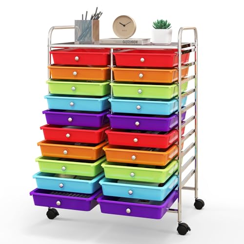 RELAX4LIFE 20 Drawer Rolling Storage Cart, Mobile Rolling Cart w/Drawers for School Classroom Teacher Office Home Salon, Paper File Art Supply Craft Organizer, Utility Cart on Wheels (Multicolor) - color: Colorful, size: 35''