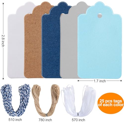 Primbeeks 125 Pcs Premium Gift Tags, 5 Colors Kraft Paper Tags with String, Double-Sided Available Price Colored Greeting Hanging for Christmas Gift DIY Crafts Party Favors - color: 5 Colors Gift Tags, size: 125 Pcs