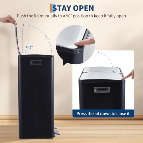 Garvee Dual Trash Can, 16 Gal (2 x 30 l) Stainless Steel Kitchen Garbage Can with Lid and Inner Bucket, Double Compartment Trash and Recycle Bin Combo with Step Pedal for Home Office, Black - color: Black, size: 30L+30L