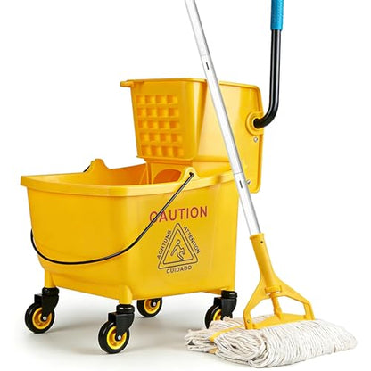 33 Qt Commercial Mop Bucket, with Side-Press Wringer and Cotton Mop