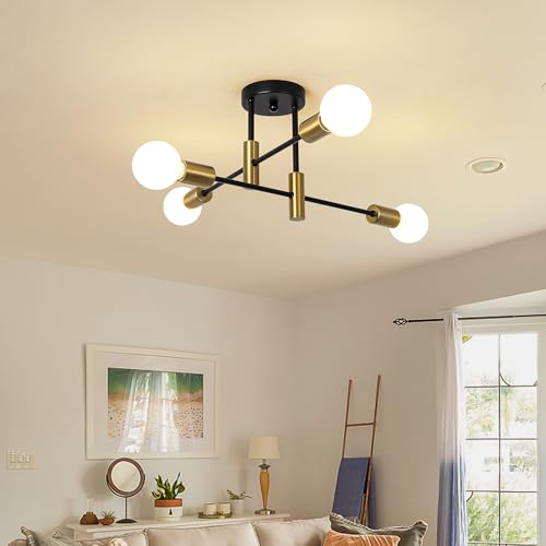 Garwarm 2 Pack 4-Light Industrial Semi Flush Mount Sputnik Ceiling Light Fixture, Black and Gold Modern Sputnik Chandelier for Porch Bedroom Hallway Kitchen Farmhouse - color: 2 Pack 4-Lights,Black & Gold