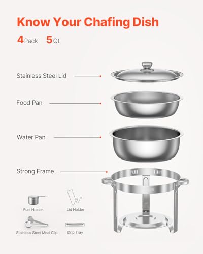 VEVOR Chafing Dish Buffet Set, 5 Qt 4 Pack, Stainless Steel Chafer with 4 Full Size Pans, Round Catering Warmer Server with Lid Water Pan Folding Stand Clip, for Weddings Parties Banquets, Silver - size: 4packs Silver