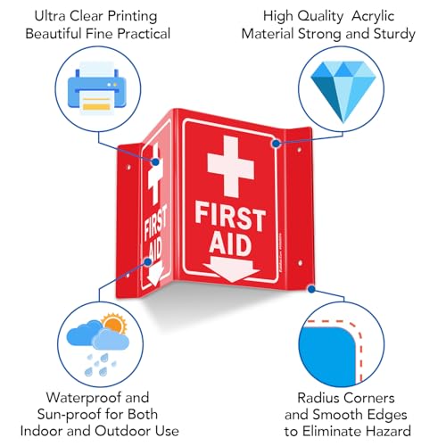 Faittoo First Aid Sign, 3 Pack First Aid with Cross Symbol - 6 x 8 Inches V-Shaped Acrylic Plastic, 4 Pre-Drilled Holes, Includes Matching Screws, Use for Home Office/Business - style: V-shaped 3 Pack