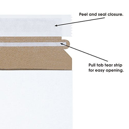 BOX USA 11 x 13 1/2" Stayflats Brand Rigid Flat Mailers, White (Pack of 25) Photo Document Mailers, Peel & Seal Closure, Tear Strip Easy Opening.