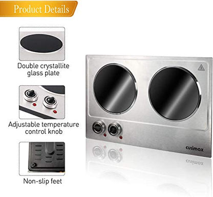 Double Burner, CUSIMAX 1800W Ceramic Electric Hot Plate for Cooking, Silver - color: Silver Bright, size: Double