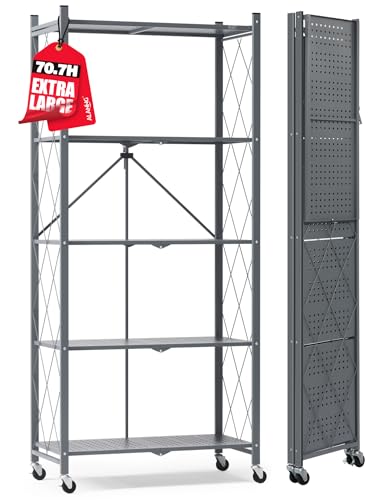 ALANNG 70.7" H Metal Storage Shelves, 5 Tier Folding Storage Shelves on Wheels - color: Grey