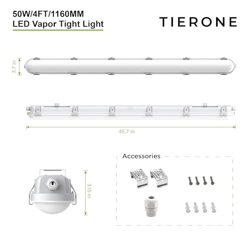 TIERONE 4ft LED Vapor Tight Light 50W Outdoor Shop Light IP65 Waterproof 0-10V Dimmable Integrated LED White Strip Lighting Fixture for Warehouses Car Washes 5000K 100-277V 6000LM ETL Listed 4 Pack