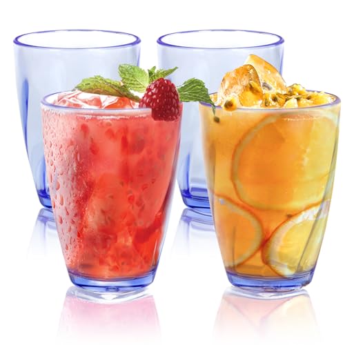 Topsky 12-ounce Plastic Water Tumblers | Set of 4 Transparent Unbreakable Drinking Glasses Clear Acrylic Reusable Juice Wine Cups for Home Picnic Party, Dishwasher Safe, Stackable,Blue - color: Blue 12.3oz