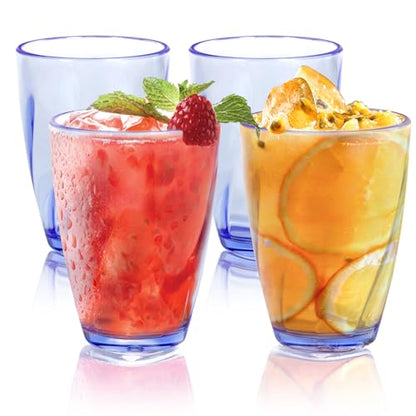 Topsky 12-ounce Plastic Water Tumblers | Set of 4 Transparent Unbreakable Drinking Glasses Clear Acrylic Reusable Juice Wine Cups for Home Picnic Party, Dishwasher Safe, Stackable,Blue - color: Blue 12.3oz