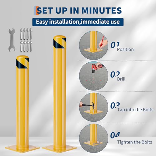 GarveeLife Heavy Duty Steel Safety Bollards 36 in,Steel Parking Bollards Post 6 Pack,Removable Bollards for Warehouse, Garage, Parking Lot, Reflective Tape, Anchor Bolts Included, - size: 36 inch